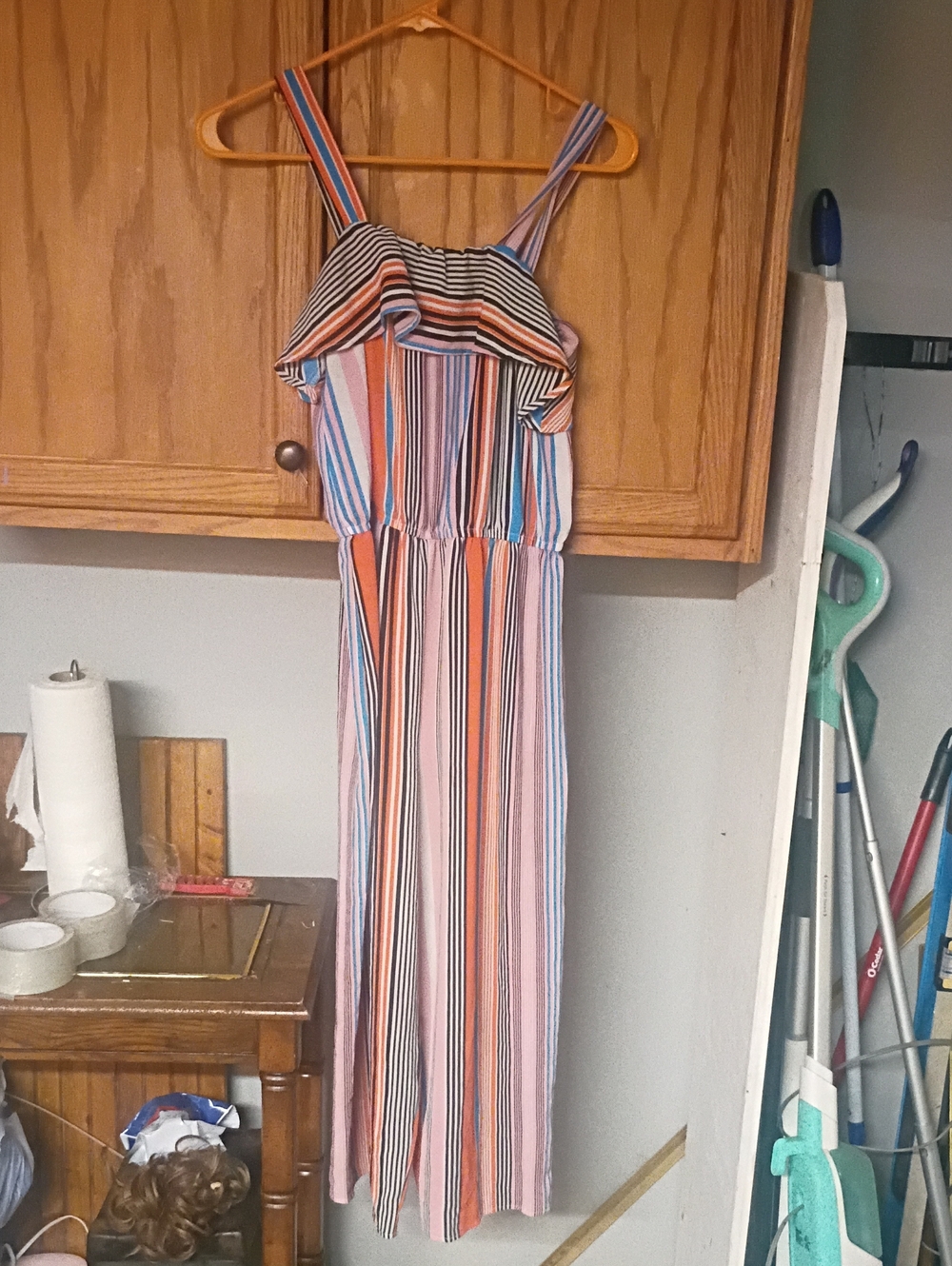 No Boundaries Sz M (7/8) Multicolor Striped Ruffle Jumpsuit